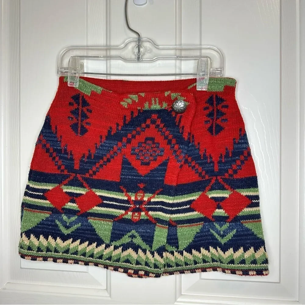 VTG Ralph Lauren Red Blue Green Aztec Knit Mini Wrap Skirt Youth Sz S/7 Western